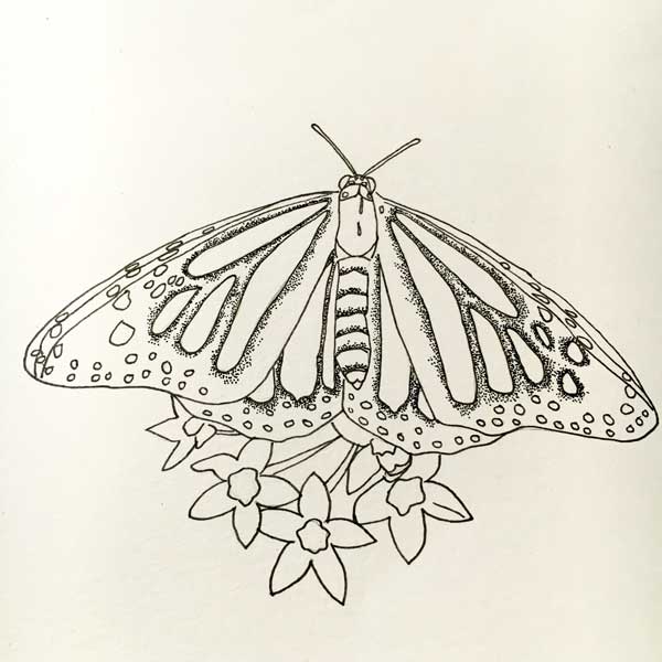 I love to add pointillism to my sketches before I start to paint. Here I just outlined the color segments. You will really only see hints of this since it will be covered with black paint but I think it offers some interest, especially on the spots where the paint is a little lighter. 