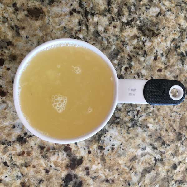 I used 5 large lemons and got exactly one cup of juice.