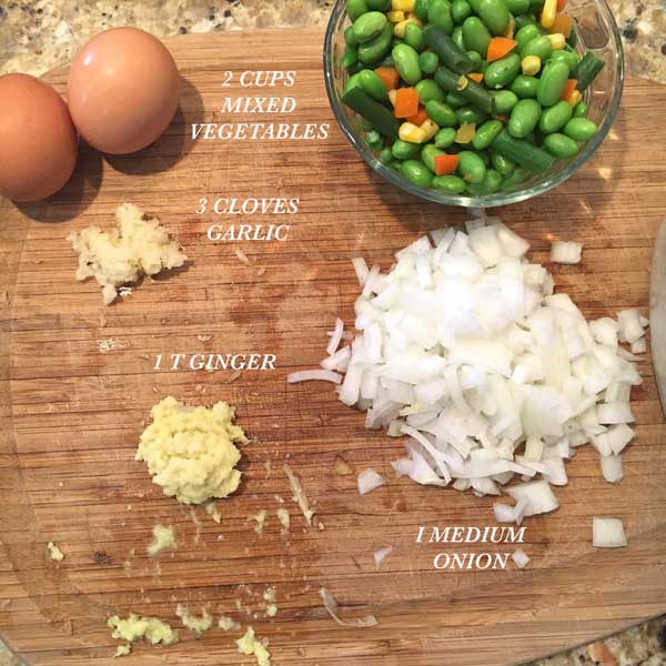 I like to precook my veggies or use leftovers. If you are using frozen veggies, you can saute them first for a couple of minutes, then remove from the pan.