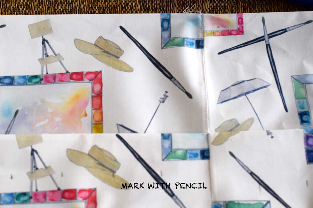You can see, if you look carefully, the light marks I made where I will be sewing my vertical lines for the brushes.