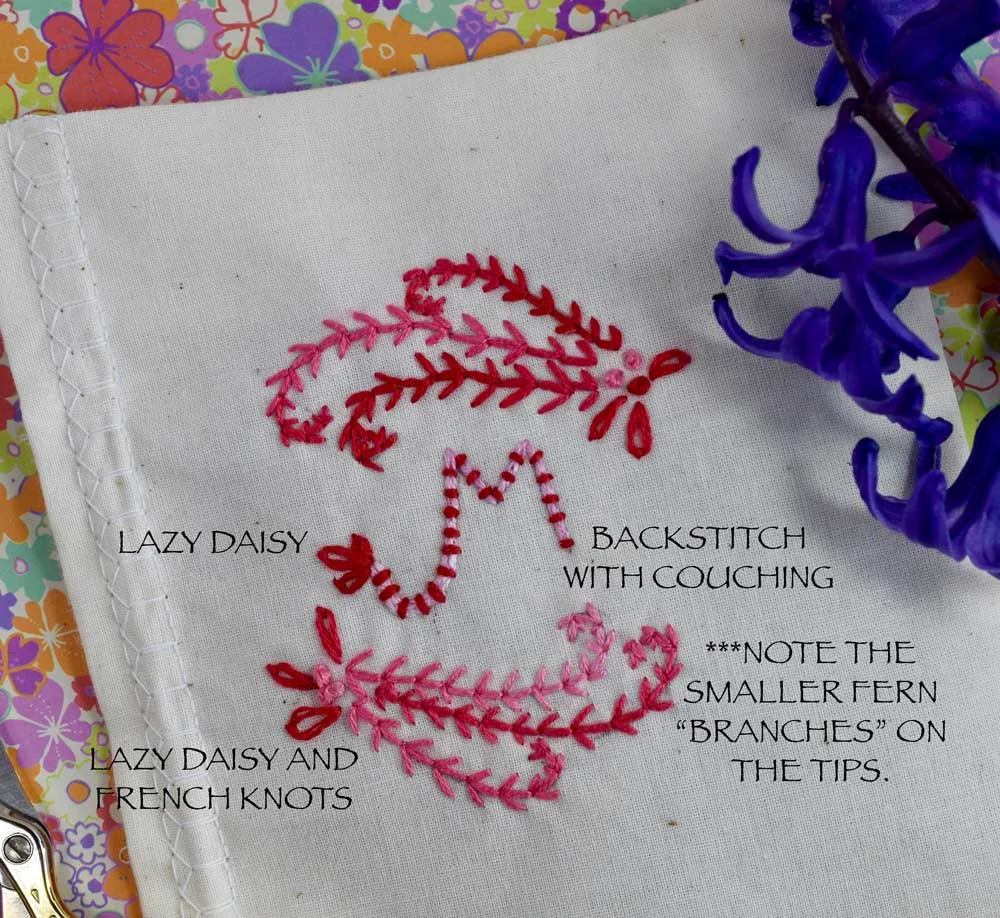 Here is another variation. A red/pink variegated color combo. This time I made the fern "branched at the tips much smaller so that there is more space between them. The first example had more overlap of the branches. I made the "M" letter in backstitch, then added COUCHING in a contrasting color. I added the lazy daisy leaves on the "M" and on the edge of each branch. 