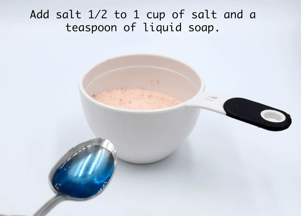 Add salt and dish soap to the hot water in the bucket.