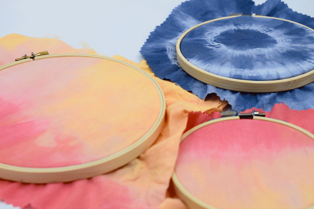 You can see they dry a lot lighter. I loved finding interesting color transitions on the fabric to hoop. Now I can't wait to embroider something special in these unique, on-of-a-kind surfaces which add to the artistry of the piece!