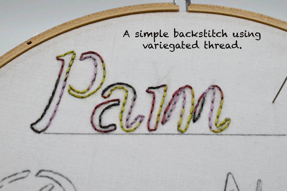 In this example above I use a simple BACKSTITCH to outline this stencil. I really am obsessed with variegated thread. It adds some nice interest. You could also fill in the letters with backstitch, as well. Another way of experimenting is by choosing the number of threads to use so you can make the outline thinner or thicker.