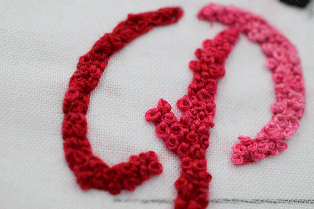 To create this letter, I outlined the letter in backstitch then filled the whole thing with FRENCH KNOTS. I used a variegated thread to create the subtle color shift.