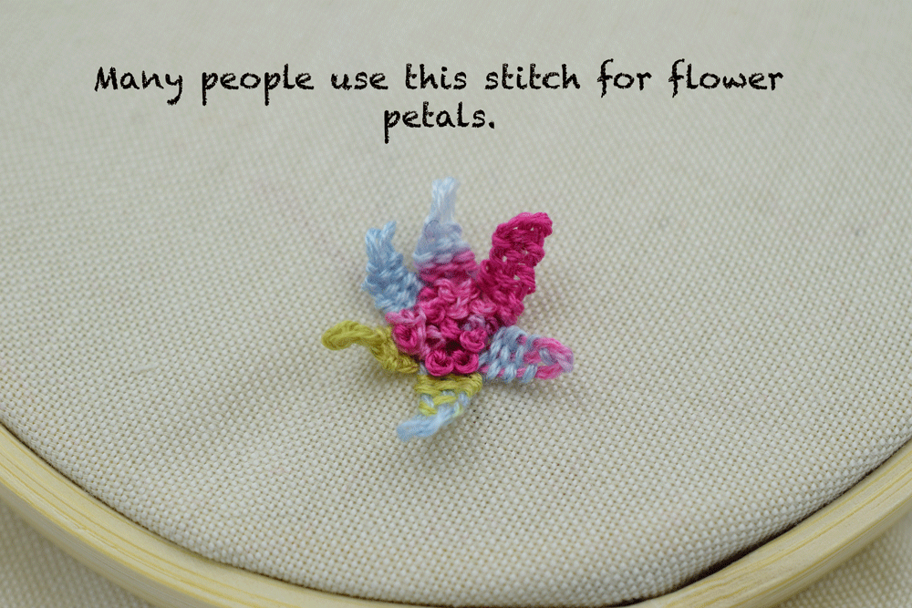 Here, I make some FRENCH KNOTS in the middle and surround them with the woven picot.