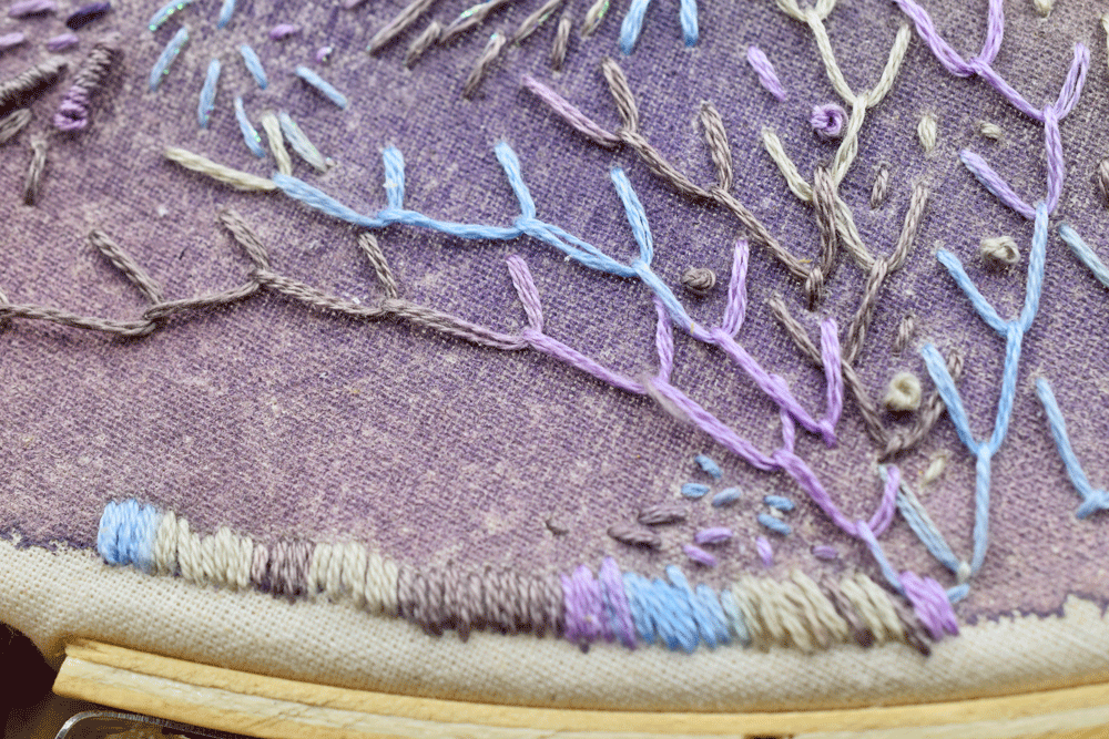 I used some variegated thread and SATIN STITCH around the edges where the watercolor paint and wooden hoop meet.