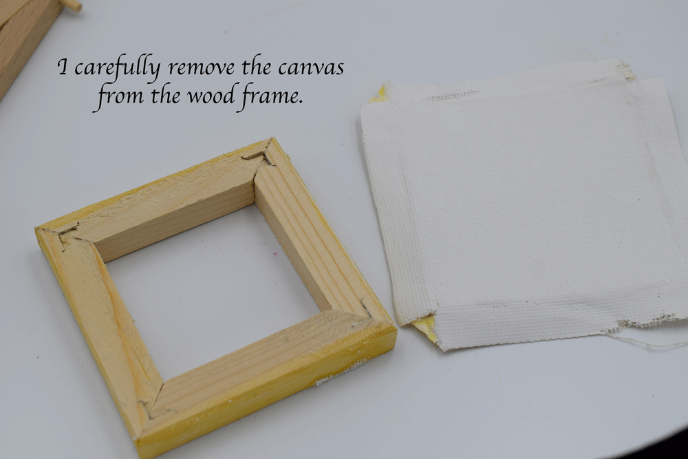 There was a strip of glue holding the canvas to the frame. I just gently pulled and the canvas came loose. Watch how the canvas was wrapped as you are taking it off to give you an idea how to put it back on. The canvas gives you a template to mold your fabric on. At first I was just going to use the fabric but instead I used the fabric and canvas together. The canvas added extra stability. As an alternative, you could bond your fabric to an interfacing for stability.