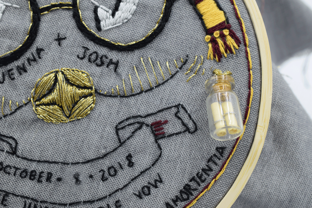 I sewed a small love potion charm to the right with the “Amortentia” lettering which is the love potion used in Harry Potter.