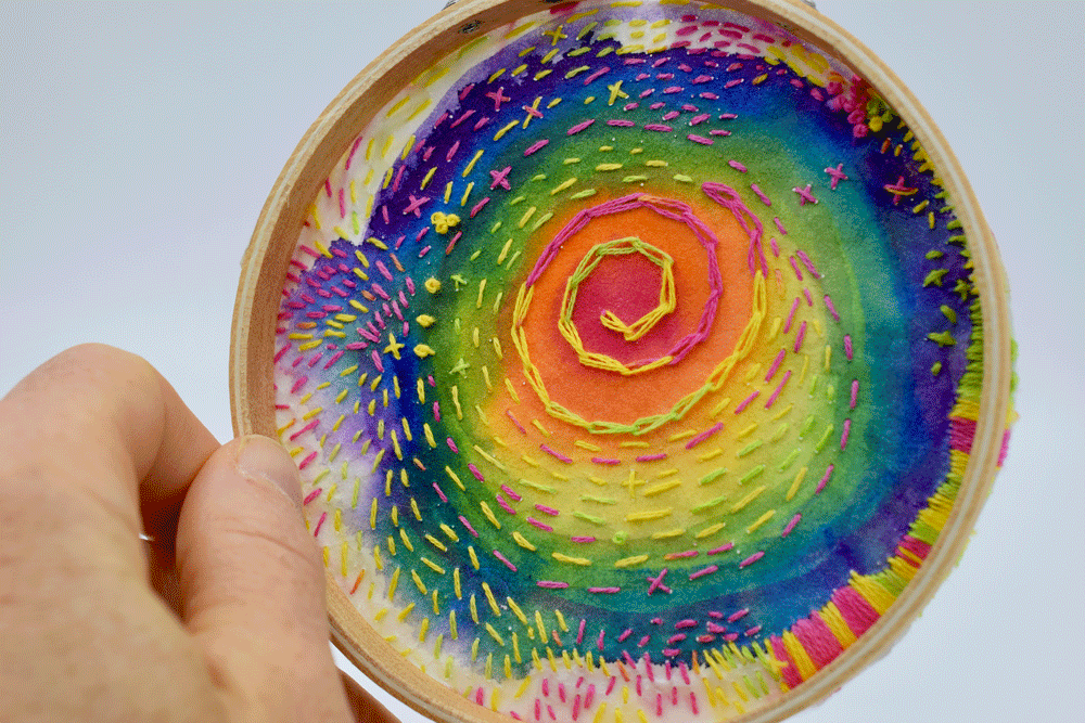 I glued the paper onto the back of the hoop then applied another piece of rice paper on top of that.