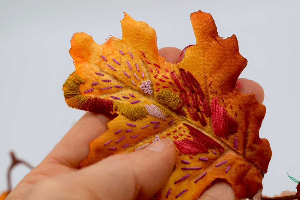 Here, just some random stitch work in lovely fall colors. This is such a fun way to practice your stitches and zone out.
