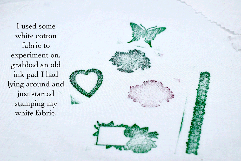 Grab some scrap cotton fabric such as muslin or a solid cotton Kona. Make sure you wait for the ink to dry before stitching so it doesn’t smudge. If you are going to be washing your fabric, you will have to pay more attention to your ink and get an ink pad that is permanent vs. water soluble or you might have a mess on your hands. I used this green ink. I don’t think it’s permanent but I will not be wetting it so it doesn’t really matter.