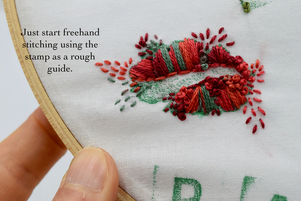 Here I add some FRENCH KNOTS , SATIN STITCH , and STRAIGHT STITCH with some pretty variegated thread.