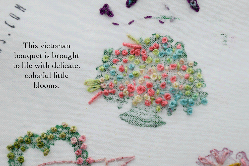 I loved using FRENCH KNOTS and BULLION STITCH to create this sweet bouquet.