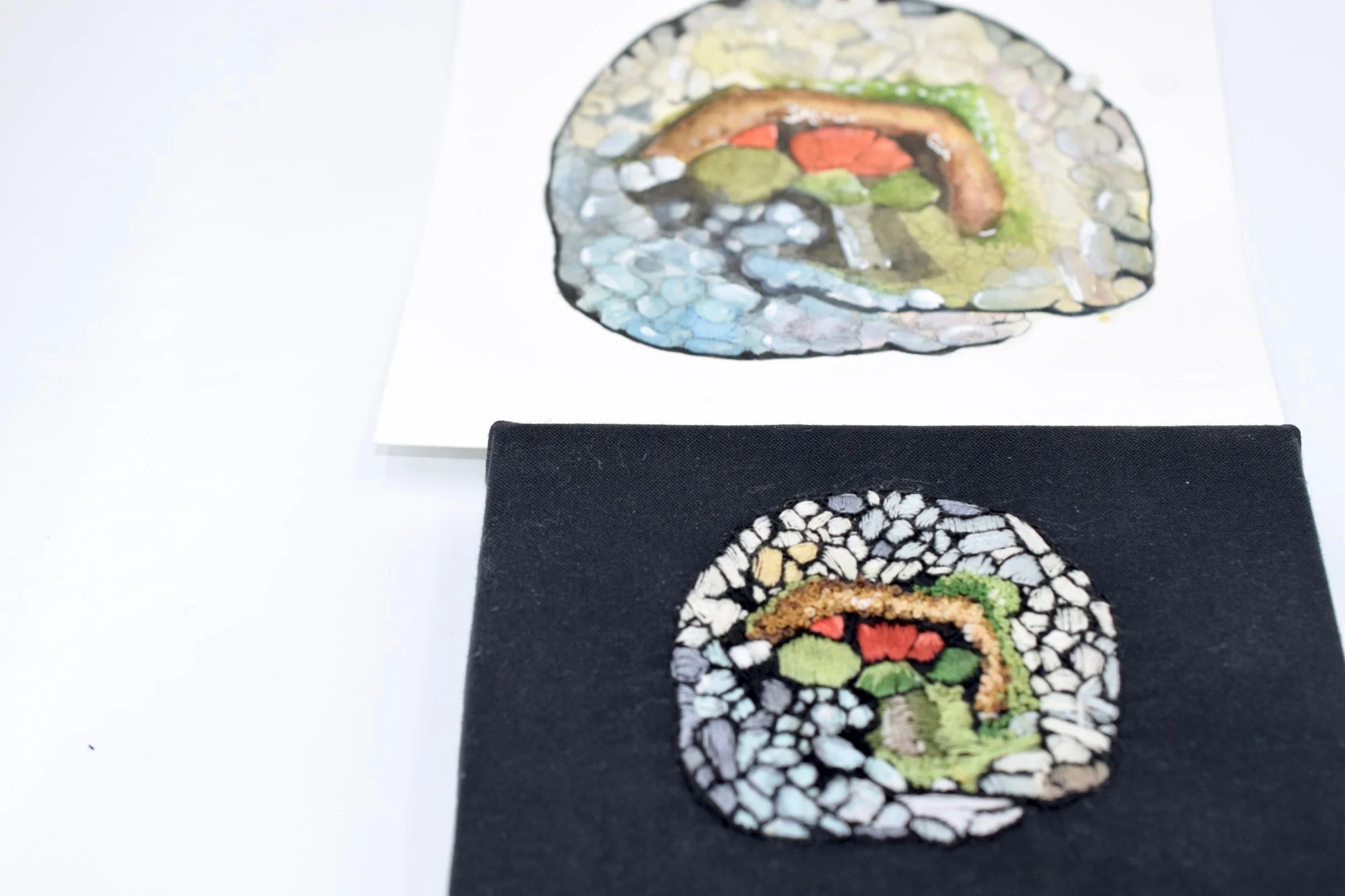 EMBROIDERED PAINTING: I used various stitches to recreate my watercolor painting into an embroidered painting.