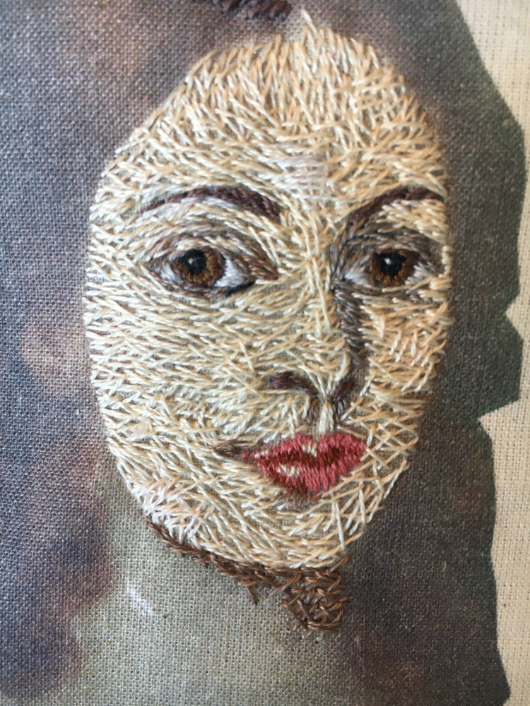 Next I filled in the lips, eyes and some of the shadowed highlights on the face. My favorite part is adding the white highlights like the dots of light reflected on the eyes and lips.