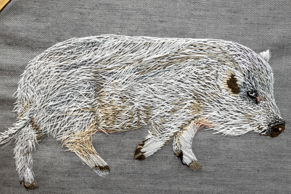 I like how the gray looks underneath the fur. You wouldn’t know it by looking but there are at least 11 different colors of thread used. His tiny eyeball is my favorite part of the whole thing.