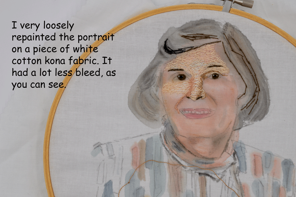 When I first envisioned this project, I thought I would just be doing some simple and whimsical embroidered highlights but couldn’t resist the urge to do the whole face. You will see later that I ended up doing the face but then just added simple highlights to the body. One thing I forgot to do is to add a piece of stabilizer to the back of of the fabric. This will help with keeping the stitching from cinching and warping. By stabilizer, I mean you could add an iron-on interfacing to the “wrong” side of the fabric or even more simple, you can just use another piece of cotton fabric under the one you are sewing. Just place them both between the hoop together, tighten them by gently pulling around the edges of the hoop until the fabric is taut and start stitching!