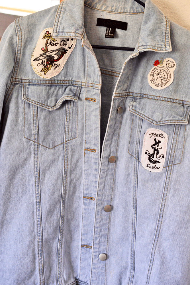 Here is the front. I plan to add more embroidered embellishments like the red flower next to the compass. Maybe I’ll even paint it as well.