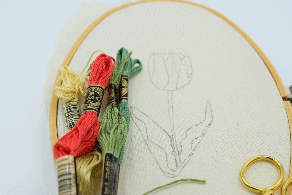 Now for the fun part! Choose some colors, grab some nice little sharp scissors and start stitchin’! In case you would like to follow along, here is the palette I used for this first tulip: ( The numbers correspond to DMC six stranded cotton thread.) 310 - black for the outline 745 - for the yellow part of the flower 351 - for the coral part of the flower 3815 - for the darker green color in the stem 368 - for the lighter green color in the stem