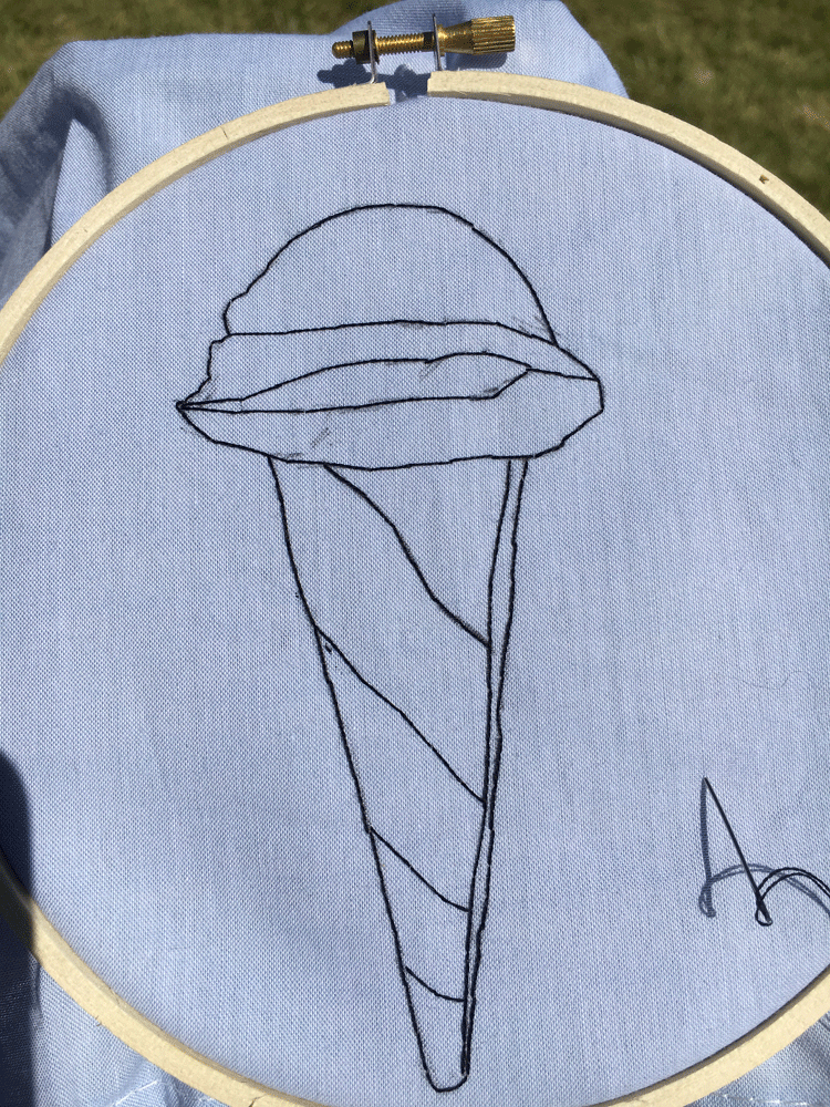 I sketched out the shape and outlined it with black a single black thread. It easily lended itself to sections I could work within.