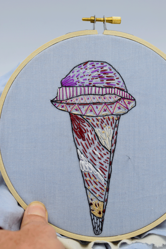 I just let my fingers do the walkin’. I filled in each little section with no thought as to where the finished product would land. Mindful embroidering is another way of looking at it; or maybe it’s mind-less since you just let the stitching take it’s own journey and try not to think too much about it.