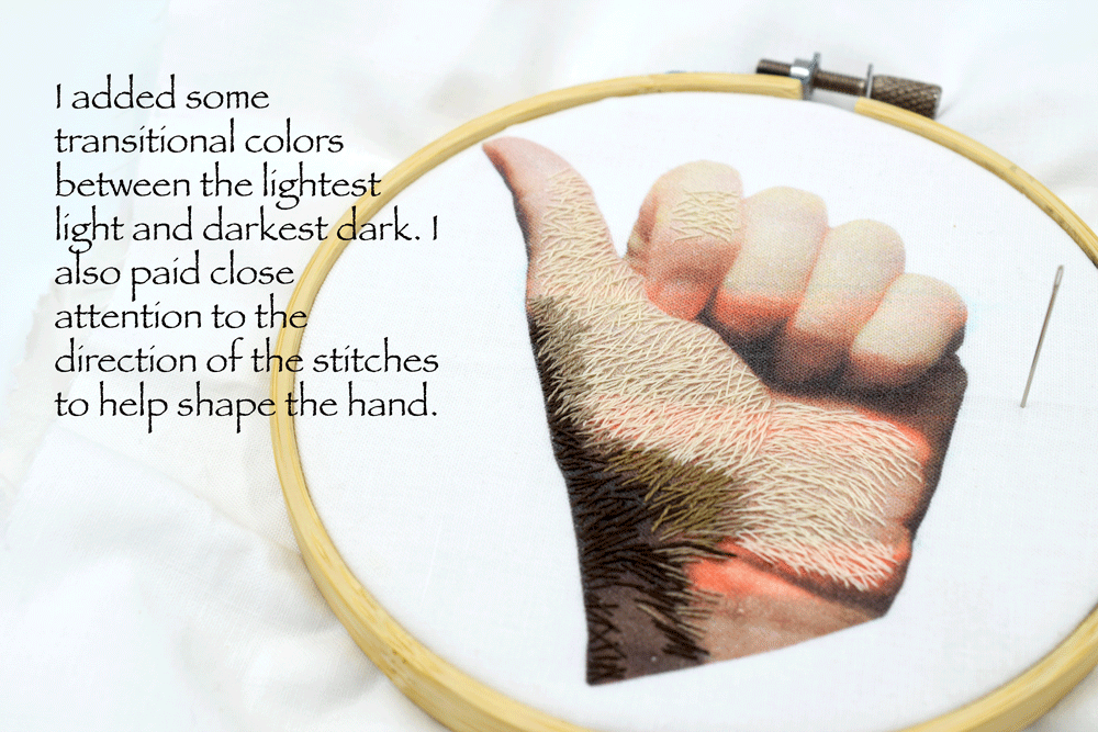See the middle of the palm? The direction of the stitches help to define the shape by creating a line down the center.