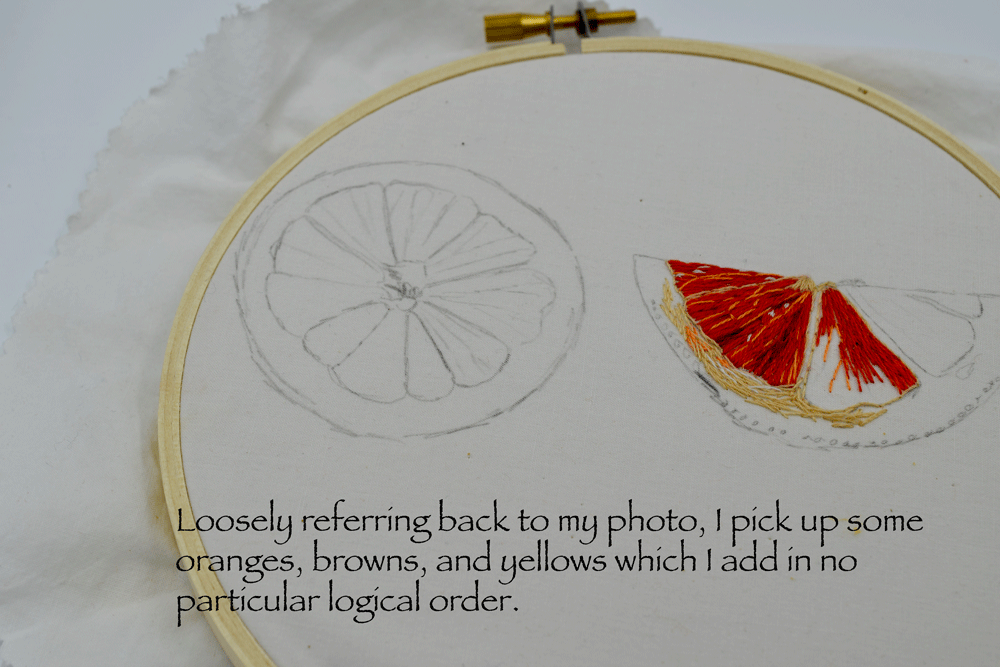 I sewed until I ran out of the color of thread I was using, then jumped to another color. I kept my reference photo right above the embroidery where I could see it easily and often.