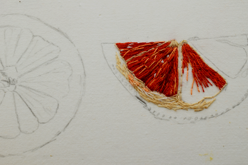 I used mostly straight stitches that followed the shape in which I was sewing. See how the rind is just a whole bunch of random straight stitches that sort of follow the arched shape? I continued to add little highlights and color variations as I saw them in the photo.