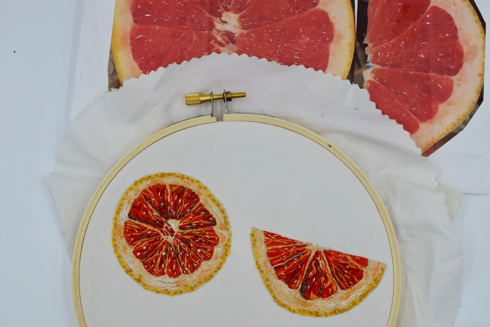 Here is the embroidery next to the photo. It looks totally different from a little further away doesn’t it? I love the abstraction that the freehand stitching created. It adds whimsy and movement.