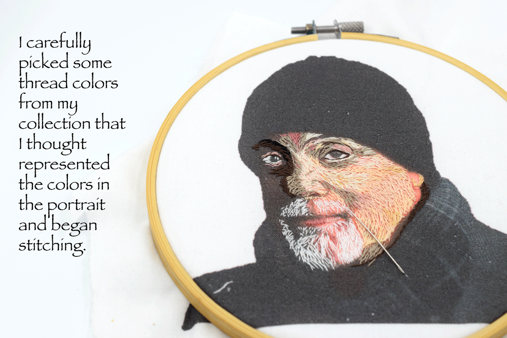 I love how the photo acts as an underpainting. I used the direction of my stitches to create dimension. I started to doubt the brown thread color on the left side of his face that looks like a giant shiner but decided to just keep going and see how this thing would evolve. The beard became my absolute favorite part of the piece. So many different colors and directions of each little whisker and yet from afar, trimmed and neat. Order and chaos….the perfect metaphor for Billy. Did I mention how much I love this guy???
