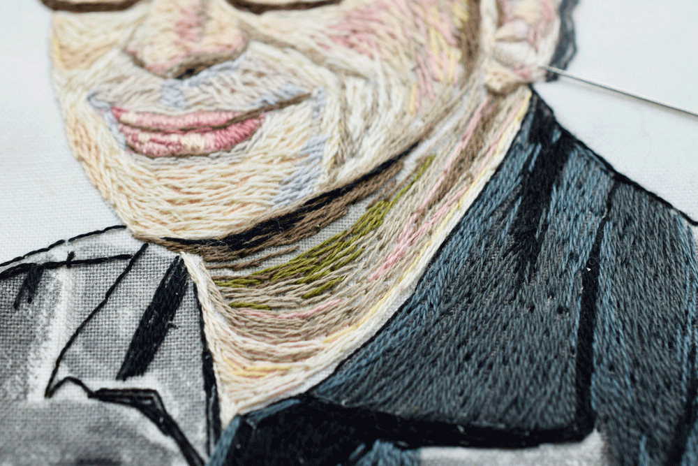 I used different shades of gray and some black to represent shadows and creases in the shirt. I like to be a little playful and quirky with the colors, like using green in the shadow in his neck.