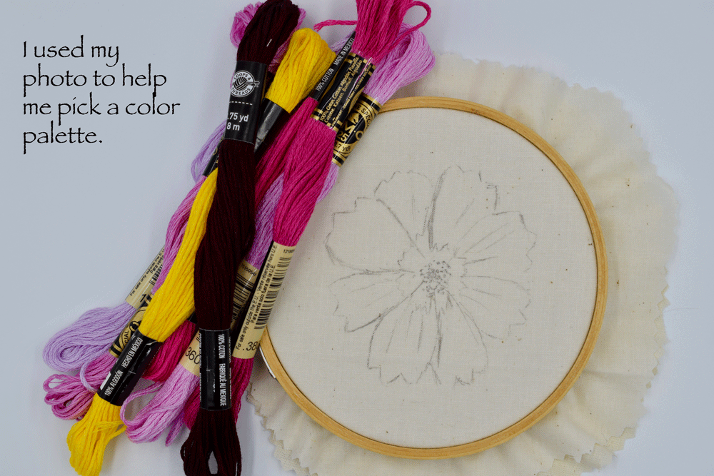 I took some time to observe my reference photo and pick some thread colors to get me started. Often I add more as I go and am always surprised at the end with the handful of colors I never knew were there at the beginning. For thread painting I like to use a single strand of the six stranded cotton embroidery thread. The single thread is more time consuming but the results are so much more detailed.