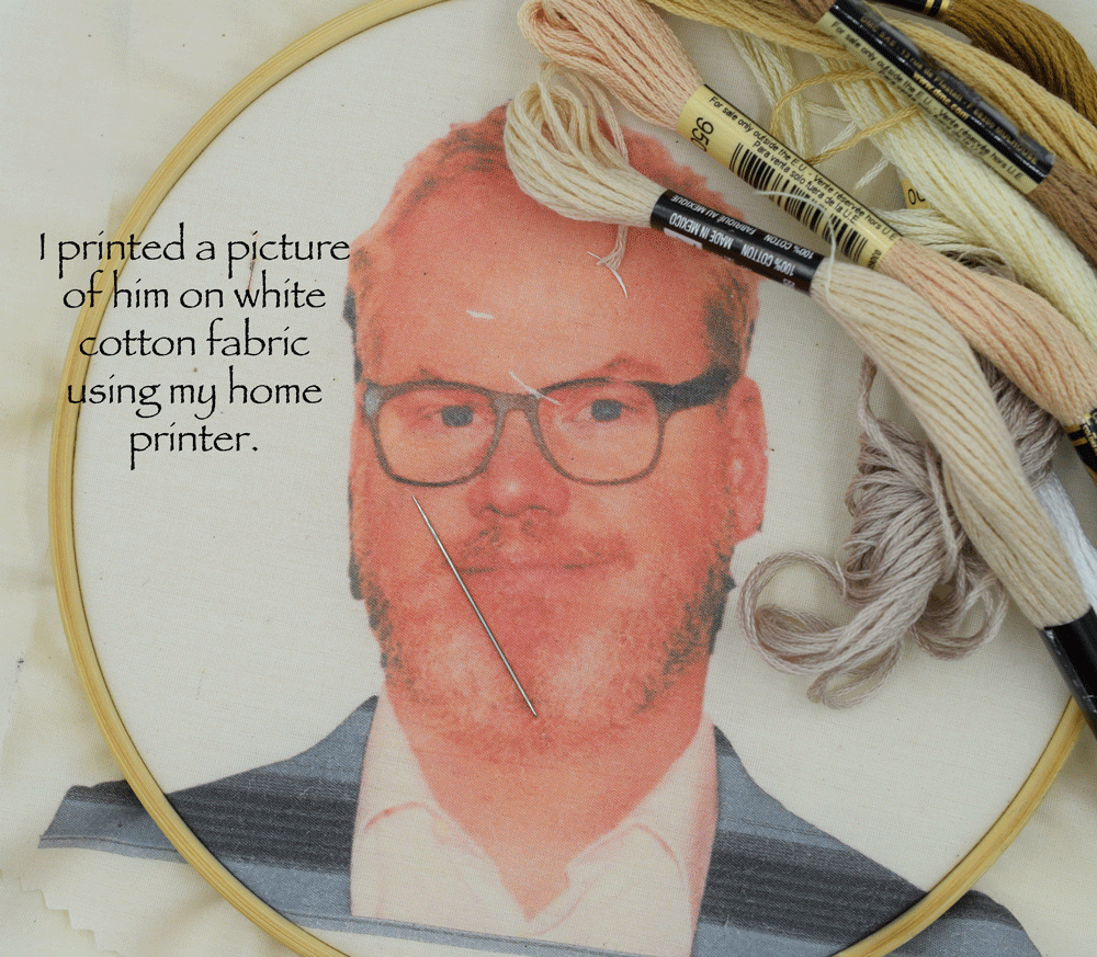 I really liked this image because of the expression. It was just enough of a smile. I also love embroidering beards and glasses so this one had it all! My printer is in need of some new ink so the image is a little wonky but the outline is all I need.
