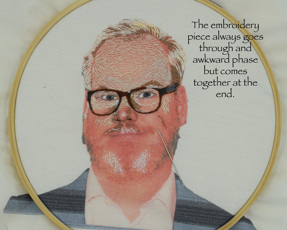 I started at the top and worked my way down. The color gradations are so subtle with the peach of his skin and very light blond of his hair. Color mixing can be so tricky when dealing with a limited thread palette. Choosing the direction of the stitches is also part of the ongoing decision making progress.