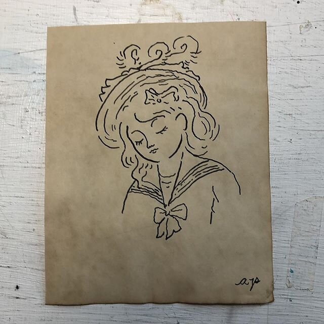 Drawing on hand-antiqued paper... to go with the vintage feel. It smells like coffee! #antique #vintage #drawing #minidrawing #sailorsuit #vintagekids #vintagekidsclothes