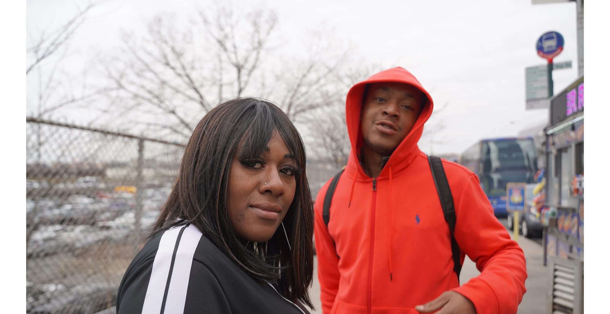Sky, the lashes! Wow! Keith, she stole the spotlight. These two just came in on the Bolt Bus and are waiting in line at a food truck down by the river.