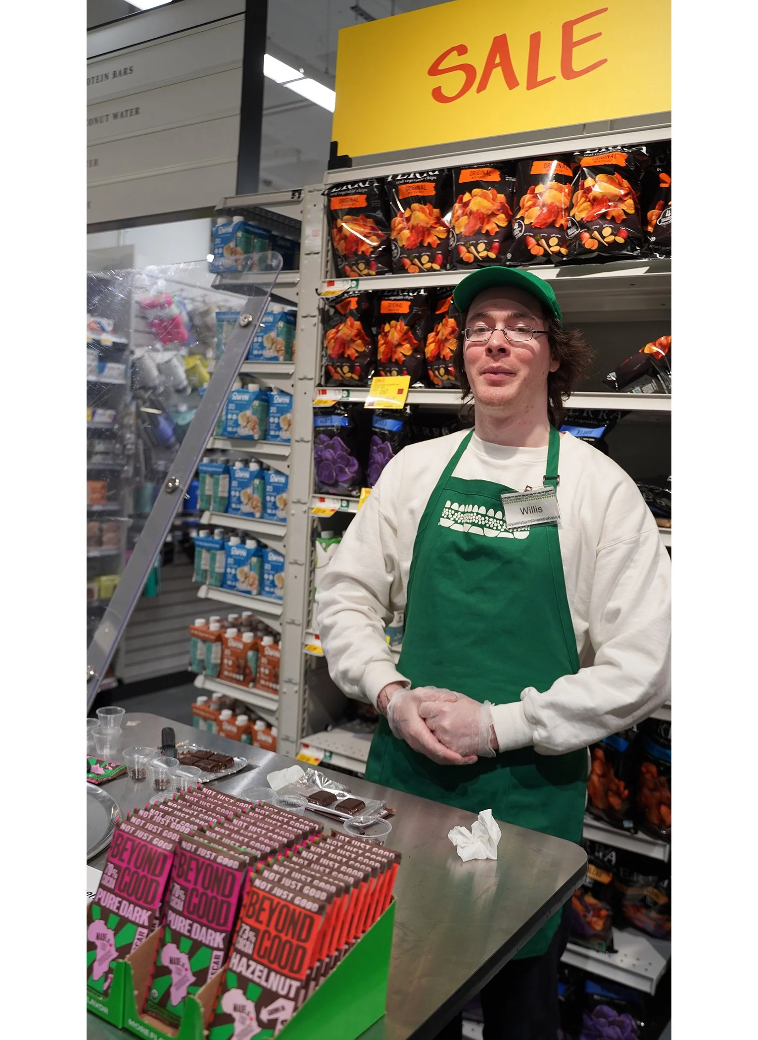 Willis offered me a choice of hazelnut or dark chocolate. I strolled around the store, and then came back so we could get the perfect picture of him. Willis you are cool!