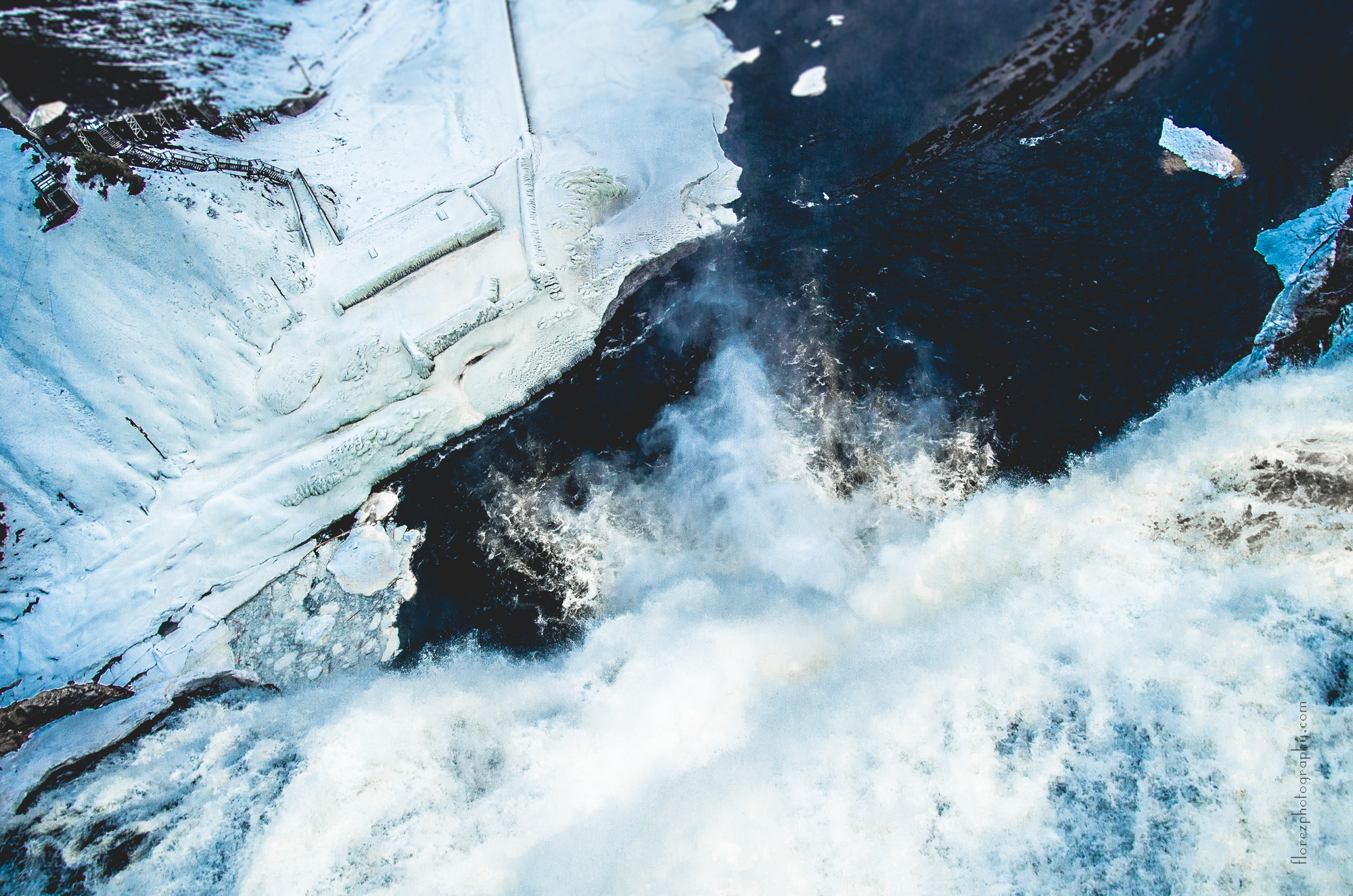 Overlooking a frozen waterfall.