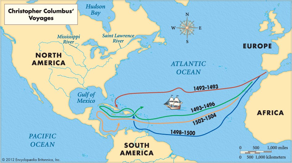 Map of the four voyages of Christopher Columbus from Britannica Kids.