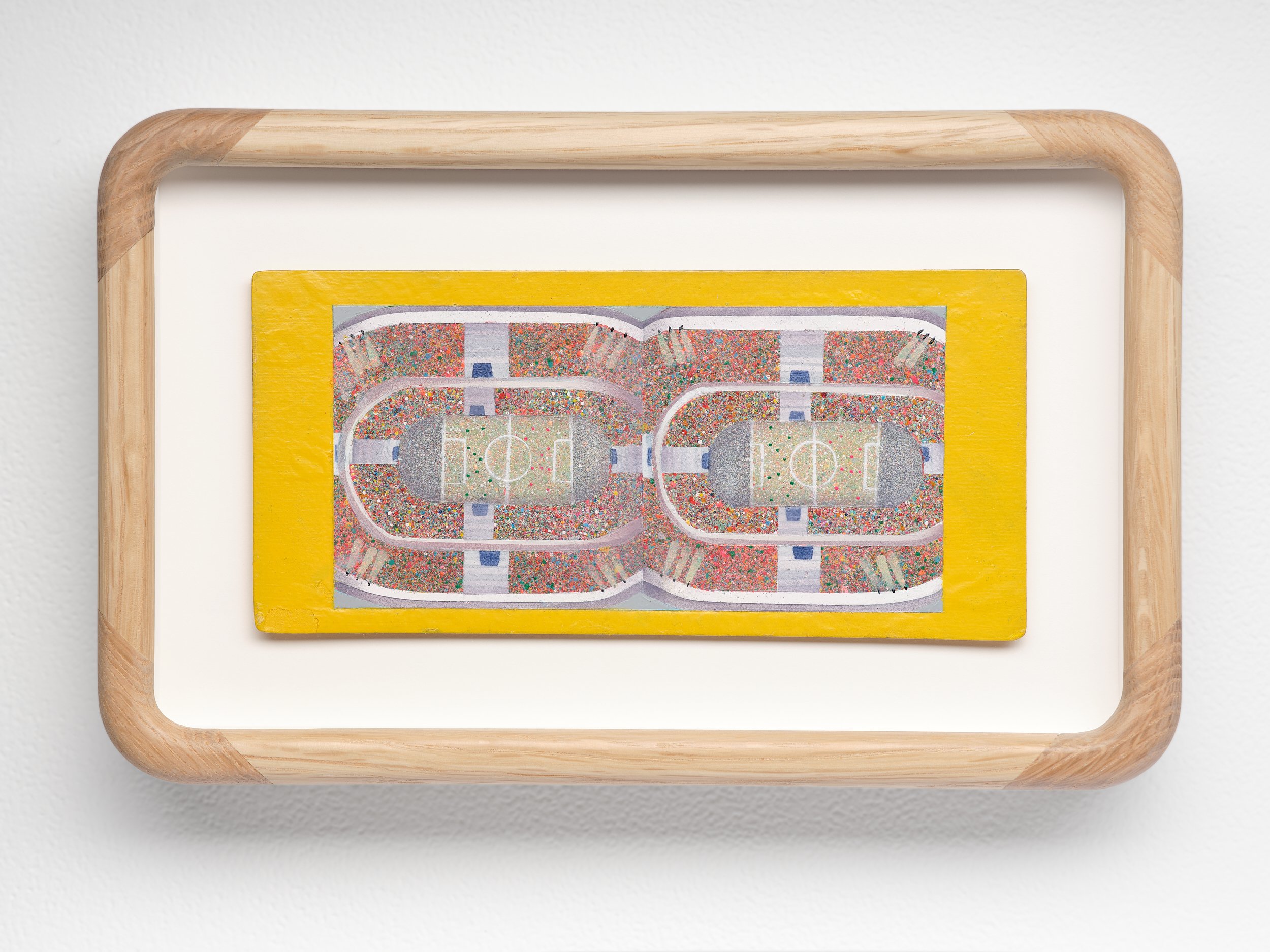   Untitled (Stadium)   2026. Acrylic on antique stereocard · 3 × 7 inches · 9.25 × 5.75 inches framed 