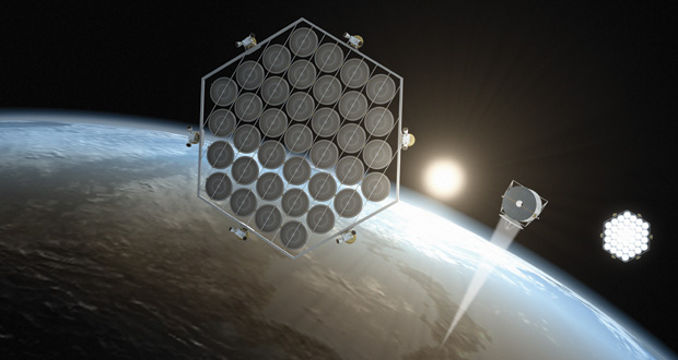 Space-based solar power arrays collect the sun's energy 24 hours a day and beam it back to earth using Microwaves. Illustration: John MacNeill