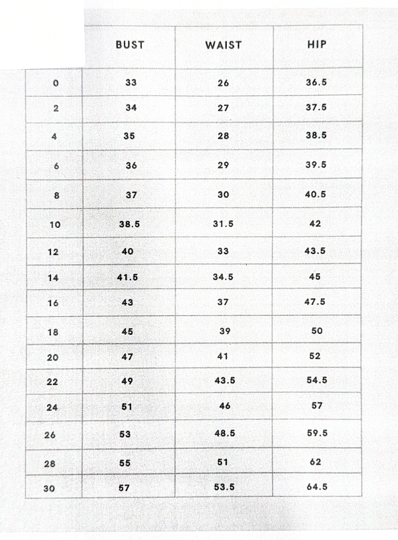 bridal size chart 2