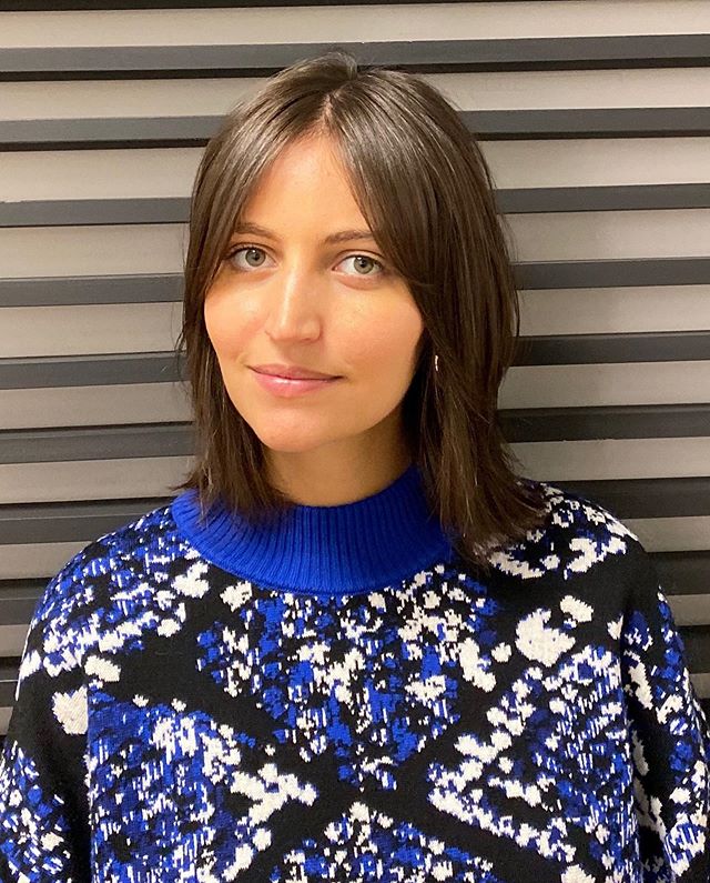 She&rsquo;s ready for the holidays with this Fabulous new haircut done by @mary_bethroberts. Book your appointment today for a magnificent cut and style for the holidays. .
.
.
.
.
.
#dotiteam #longbob #bangs #balayage #brunette #hrpmamas #fidi #batt