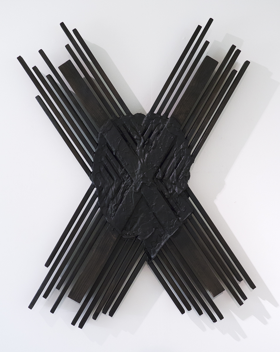 Portrait of a vandal, vandalized 2015 charred wood, resin, dye