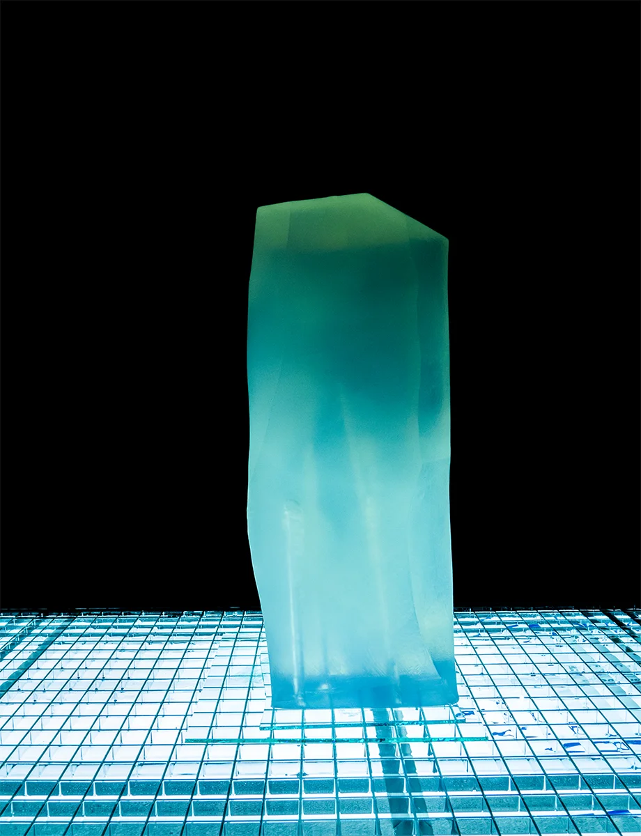 Crystalline Crimes 2015 carved glycerine, steel, fluorescent light, glass