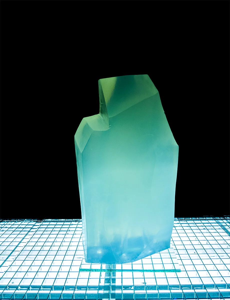 Crystalline Crimes 2015 carved glycerine, steel, fluorescent light, glass