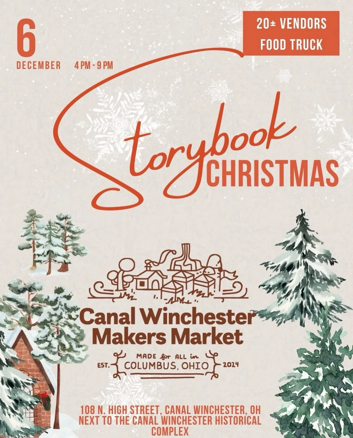 We are excited for this one! 
.
 ✨🎄 CANAL WINCHESTER MAKERS MARKET &mdash; STORYBOOK CHRISTMAS EDITION! 🎄✨

Saturday, December 6th &bull; 4&ndash;9 PM

📍 Special Location: 108 North High Street, Canal Winchester, OH 43110
(right next to the Canal 