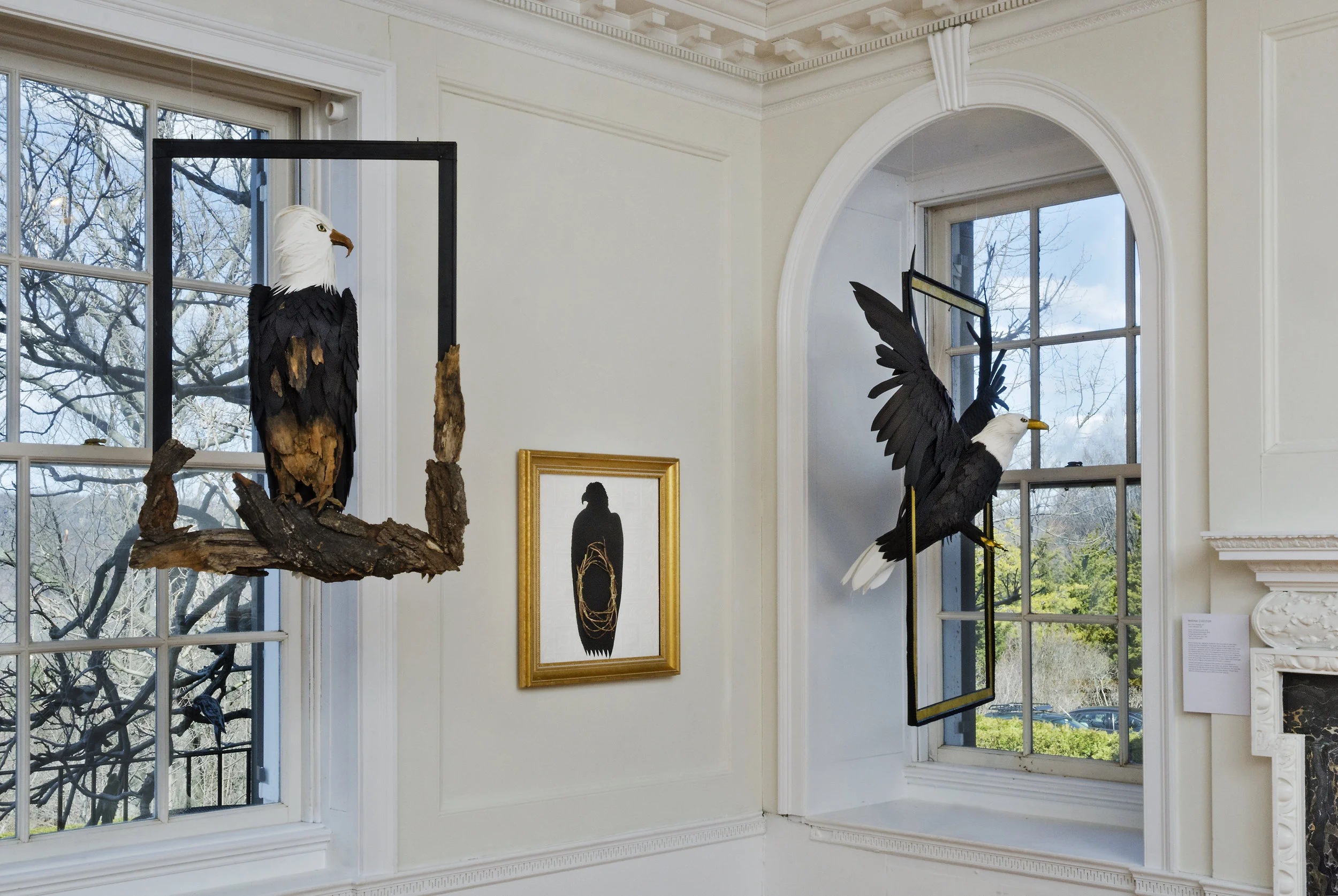 Avifauna: Interplay of Birds + Habitat , a group show at Wave Hill's Glyndor Gallery , featuring artwork that delves into the relationship between birds and their habitats. This installation is entitled, In, Of, To, referencing the natural and built environments, as well as migration patterns. All photos courtesy of Wave Hill. Photographed by Stefan Hagen.