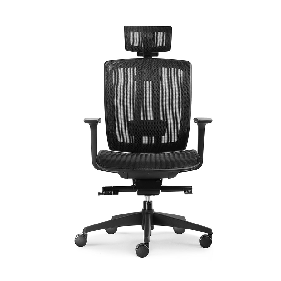 Sillón ASPIRE con espaldar mesh negro, reclinado sincronizado y soporte lumbar ajustable. Asiento giratorio de profundidad deslizable y altura ajustable mesh negro. Brazos de altura ajustable. Descanso para cabeza reclinable mesh negro.